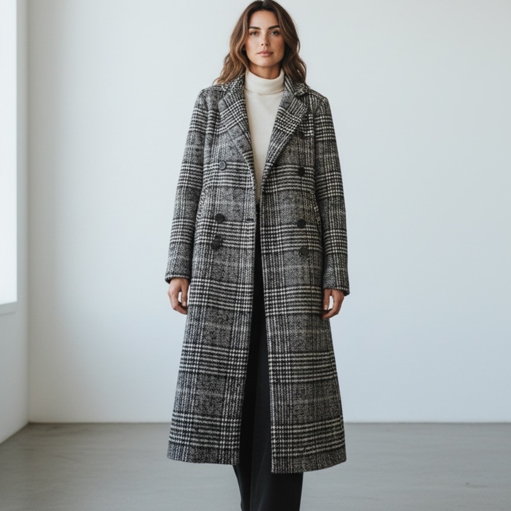 Womens Long Plaid Wool-Blend Coat - Gray